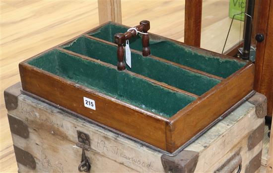 A mahogany cutlery tray and a pine metal bound trunk